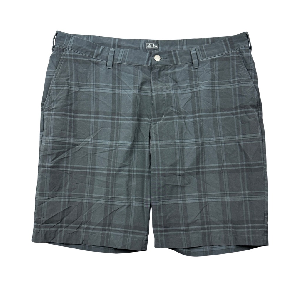 Adidas Golf Men 40 Plaid Short Grey Black Flat Front Performance 9" Country Club
